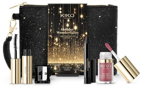 KIKO Milano Holiday Wonderlights Mini Temptations Gift Set, Make-Up-Geschenkset: Volumen-Mascara, Kajalstift, Lippenstift Und Flüssig-Lidschatten Im Miniformat