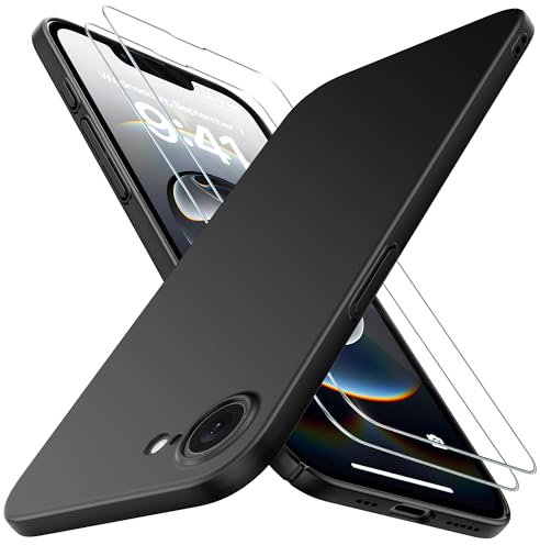 Natiiozie Ultra Dünn Handyhülle Kompatibel mit iPhone 16e (2025) Hülle PP Case mit 2 Stück Schutzfolie, Slim Leicht Hartschale mit Voll Kameraschutz Kratzfeste Matt Schutzhülle - Schwarz
