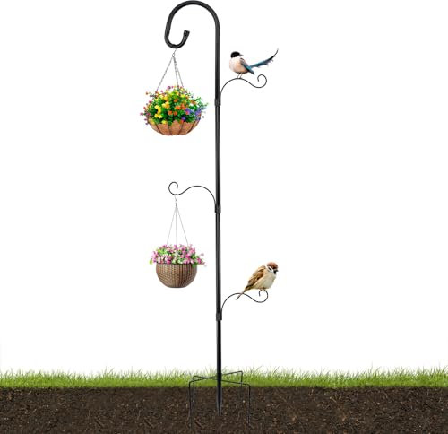 HWSWSH Gartenstab Hirtenhaken, 193cm verstellbarer Garden Schäferhaken, Hirtenbogen für Vogelfutterspender Stange, Aternenhalter Schäferhaken mit 3 Haken für Laternen, Vogelkäfige, Pflanzenkörbe