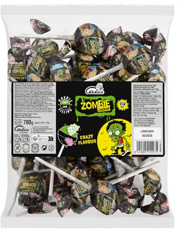 Caramelos Cerdán - Chupas Zombie de Cereza, Sandía y Frutas del Bosque | Doble Relleno Pica Pica y Chicle, 35 Unidades, Triple Sensación, Sin Gluten ni Alérgenos | Ideal para Halloween y Cumpleaños