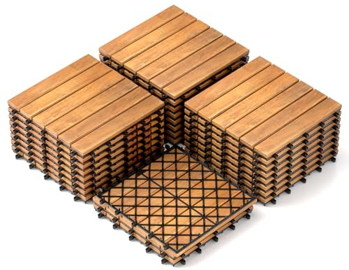 COSTWAY 27pcs Decking Tiles, 30 x 30cm Acacia Wood Interlocking Floor Tiles