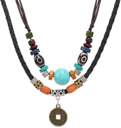 HYRKOTW Collar Bohemio para Hombre con Colgante de Moneda de Ojo de Tigre - Collar Unisex de Aleación y Cuerda de Cuero, Estilo Vintage Oriental, Regalo Ideal para Él