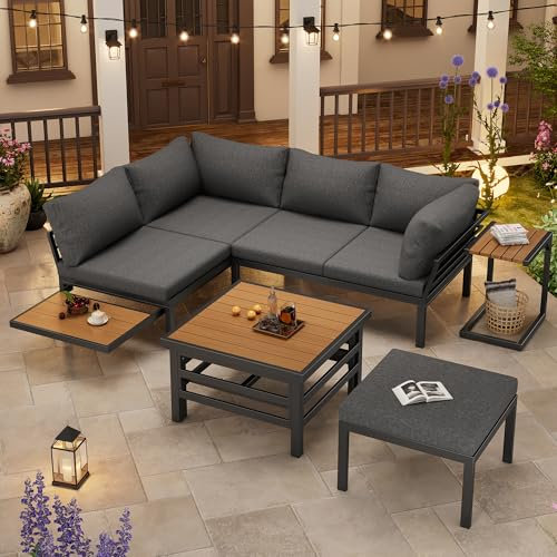 Merax Gartenmöbel-Set für 4-5 Personen – Lounge-Set mit höhenverstellbarem Tisch, 2 Doppelsofas & Fußhocker, inkl. Sitz- & Rückenkissen, verzinktes Eisengestell, wetterfest, mit Beistelltisch, grau