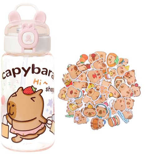 REYOK Capybara Pink Water Bottle for Kids with 50 Waterproof Stickers Personalised Straw Cup Gift Set with Flip Lid Leakproof BPA-Free Bottle for School Lunchbox DIY Decorations for Girls Boys