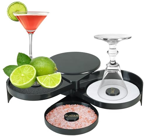 DASBET 3-Tier Bar Glass Rimmer 1 Pack Salt Rimmer Bartender Tool | with 3 Swing-Out Trays, Sponge Included, Black Plastic Salt & Sugar & Lime Juice Rimmer Box for Margaritas, Cocktails & More