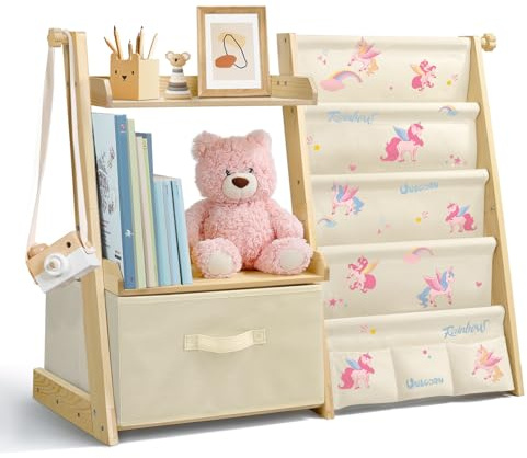 wooshwa Kids Bookshelf and Toy Storage, Montessori Wooden Children Bookcase and Toy Organizer, 4-tier Toddler Sling Book Shelf with a Large Storage Box for Nursery, Bedroom, Playroom (Unicorn) | with Movable Toy Bin,4 Tier Toddler Sling Book Rack for Bedroom Playroom, Unicorn