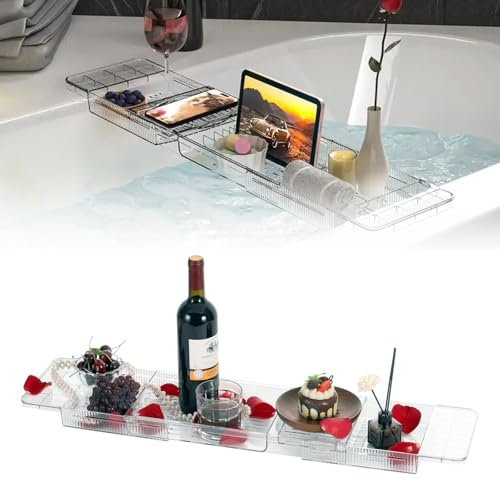 Bandeja para bañera de plástico, para colocar utensilios de baño, transparente, con diseño de desagüe, color blanco