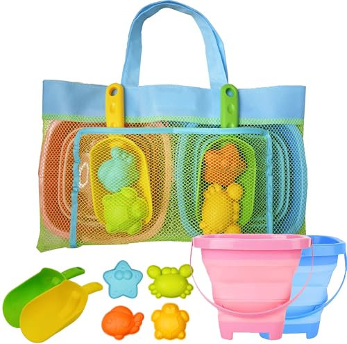 ILMFMY Sandspielzeug Set 9 Stück – Strandspielzeug Kinder mit Faltbaren Eimern Sandformen Schaufeln – Reiseset mit für Sandkasten Garten Strand ab 2 Jahre Jungen Mädchen