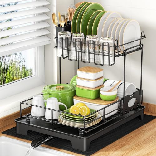 BKXCHA 2 Niveles Escurreplatos,Acero Inoxidable Escurridor de Platos para Fregadero con Utensilios,Portavasos,Almohadilla de Secado y Drenaje Automático-Negro