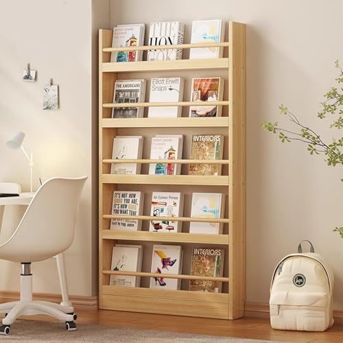 KIZYRQ Bücherregal Kinder, Wandregal mit 5 Ablagen, 50x10x145cm Kinderregal für Bücher Spielzeug, Hängeregal Dekoregal, Lagerung Bücherregal Rack Wand Spielzimmer für Kinder und Erwachsene Holzfarbe