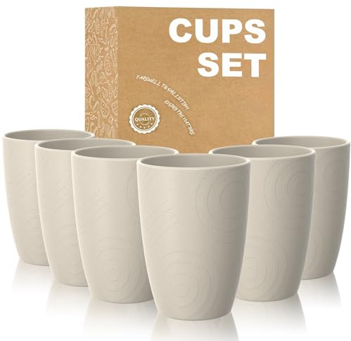 Wrova Bicchieri da acqua in plastica, set di 6 bicchieri, infrangibili con motivo, lavabili in lavastoviglie e adatti al microonde, 350 ml, beige