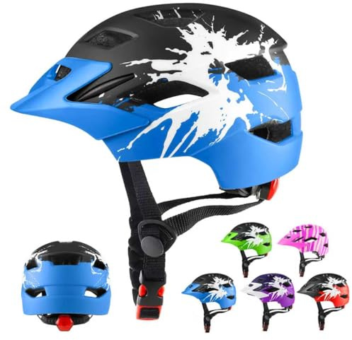 RaMokey Casco da bicicletta leggero per bambini, ragazzi e ragazze dai 3 ai 15 anni, per bambini Casco da mountain bike con luce posteriore, quadrante regolabile, visiera rimovibile (48-56 cm) (nero+