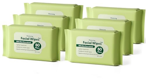 Cleansing Facial Wipes 6-Pack (50 Wipes Each) – Paraben-Free with Aloe Vera Extract – Lightly Fragranced Makeup & Grease Remover, Suitable for All Skin Types