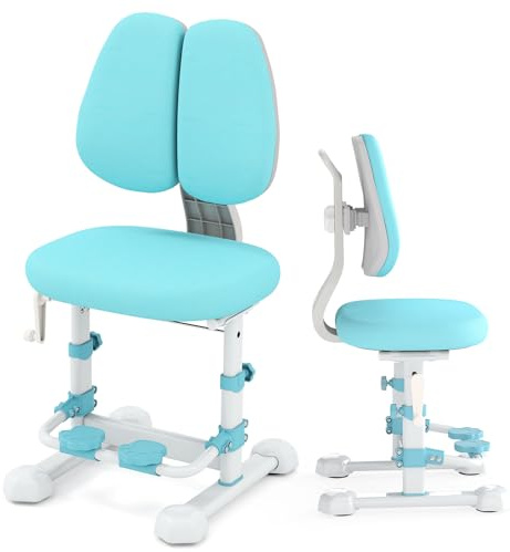 LIFEZEAL Kinder Schreibtischstuhl Höhenverstellbar, Kinderstuhl mit ergonomischer Doppellehne, Gepolsterter Drehstuhl für Studium, Computerstuhl für Jungen & Mädchen, Max. 100 kg (Form 1, Blau)