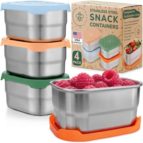 Everusely - Recipientes para aperitivos de acero inoxidable - 240 ml, paquete de 4, Fall Fest - Cajas de almacenamiento de alimentos a prueba de fugas + tapas - Recipientes familiares reutilizables