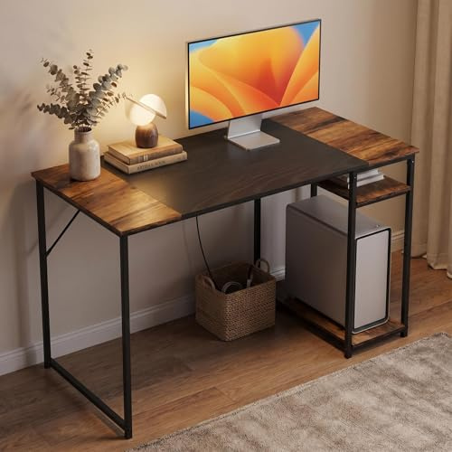 FurnitureR Schreibtisch mit Regal, 120×60×74 cm Arbeitstisch mit 2 Ablagen, Industrieller Computertisch aus Holz und Metall für Home Office, Wohnzimmer oder Arbeitszimmer, Schwarz-braune+Braune Regal
