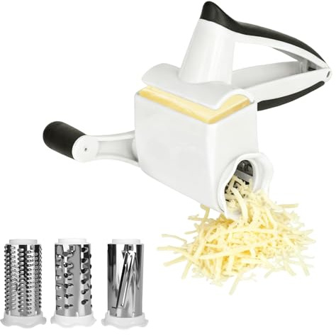 bssmmai Käsereibe mit Kurbel, 3-in-1 Rotary Cheese Grater mit 3 Austauschbaren Rollerblades aus Edelstahl, Käsemühle, Käse Reibe Mühelos Hartkäse, Schokolade, Nüsse und Mehr