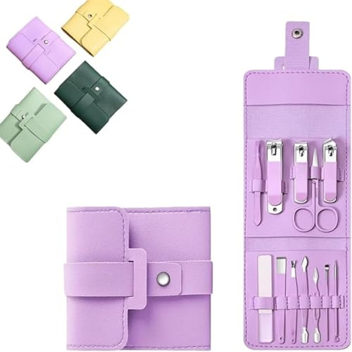 Tragbares Nagelknipser-Set 12/16-teilig, faltbares Nagelknipser-Set aus Leder, kompaktes Maniküre-Set, leicht verstaubares Maniküre-Set mit Nagelknipsern, Scheren (Purple,12 PCS)