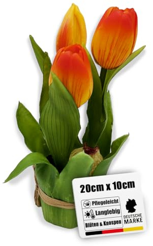 Botanic‑Haus Kunsttulpen Sandy – Frühlingsdeko selbst stehend mit 2 Tulpen und 1 Tulpenknospe Farbe: orange-gelb real-Touch, Kunstblumen wie echt, erfrischende künstliche Blumen für Ihre Frühjahrsdeko
