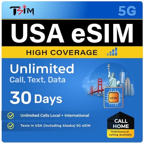 TSIM USA eSIM 30 Tage | 50 GB Highspeed + unbegrenzt bei reduzierter Geschwindigkeit | AT&T-Netz | Unbegrenzte lokale und Internationale Anrufe/SMS | Hotspot
