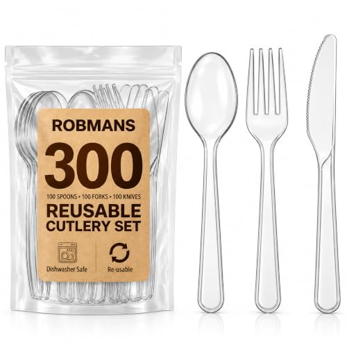 300 Pack Heavy Duty Clear Reusable Cutlery Set – 100 Forks 100 Knives 100 Spoons – Reusable Bulk Party Cutlery for Large Events, Weddings, Catering & Buffets – Dishwasher Safe