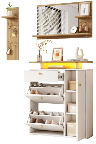 vutizal Armoire à chaussures étroite avec banc et miroir et éclairage LED, ensemble de 3 pièces avec porte-manteau, blanc/bois, 105 x 25 x 151,5 cm