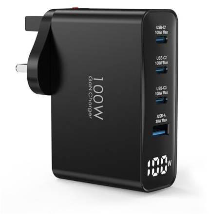 TOPADRE 100W USB C Charger, 4 Port Fast Charger with LED Display, USBC Plug | PD/PPS USB-C Power Adapter for MacBook Pro/Air, iPhone 17/16/15 Pro Max/iPad Air, Galaxy S26/S25/S24, Laptop and more, Black
