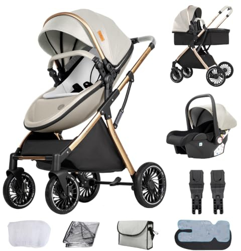 Oubeauou Passeggino trio, Sistema modulare, da neonato a bambino, per tutti i terreni, pieghevole con una sola mano, passeggino alto, carrozzina convertibile