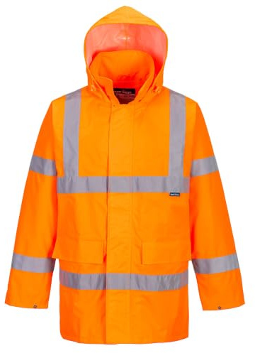 Portwest S160 Hi-Vis Rain Lite Traffic Jacket Long Sleeve Machine Washable | Orange, X Large, EN ISO 20471 Class 3, EN 343 Class 3:1, UPF 40+, Storm Flap Front, Pack Away Hood, Secure Storage, 2 Pockets