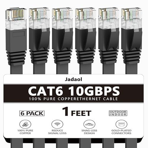 Ethernet Cable Cat6 Flat 1 ft Cat 6 Network Patch Cable with Rj45 Connectors - 1 Feet Black (6 Pack)