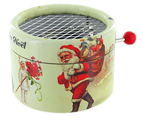 Runde Spieluhr/Spieldose/Musikdose aus Pappe mit Handkurbel und 18-Ton-Spielwerk - Thema: Weihnachtsmann - Stille Nacht, heilige Nacht (F. X. Gruber)