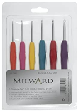 Milward 2232509 Häkelnadeln mit Softgriff in den Farben des Regenbogens, 14 cm, Aufmachung: 6 Stück