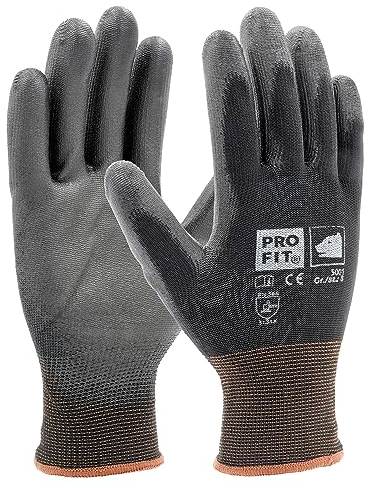 PRO FIT Arbeitshandschuhe – PU-Handschuhe, Gartenhandschuhe atmungsaktiv, Montagehandschuhe, Schutzhandschuhe mit PU-Beschichtung - 12 Paar, Schwarz, Gr. 10