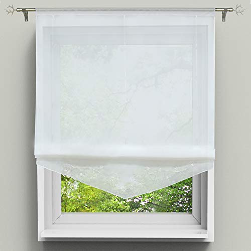 HongYa Bestickte Bändchenrollo Tunnelzug Raffrollo transparenter Voile Raffgardine H/B 140/100 cm Weiß