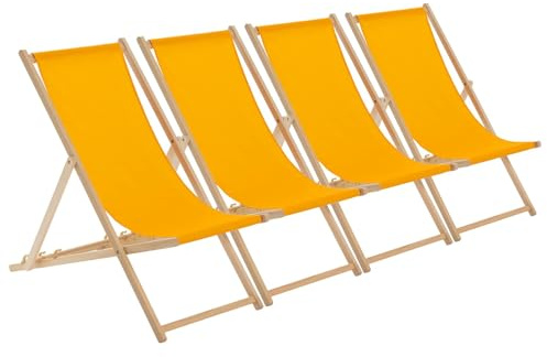 Harbour Housewares Folding Wooden Deck Chairs – Orange – Pack of 4 – Adults Traditional Foldable Reclining Outdoor Canvas Sun Lounger Chair Seat for Garden Patio, Beach, Camping