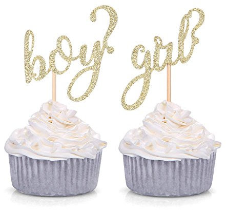 24 CT Gold Glitter Boy or Girl Cupcake Toppers Gender Reveal Party Decors