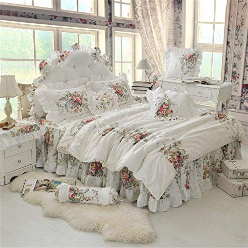 LELVA Chic Shabby Vintage Rose Floral White Duvet Cover Set Bed Skirt Set Ruffle Cotton Bedding for Girls Full 4 Piece