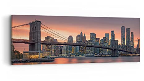 Panorama Bilder auf Leinwand New York Brücke Nacht Leinwandbild 90x30cm Wandbilder Dekoration Wohnzimmer Schlafzimmer Küche Klein Wanddeko Bild Wand Kunstdruck Art Wall Decor Canvas AB90x30-4048