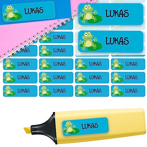 Sunnywall® Namensaufkleber Kinder Schule Frosch Aufkleber Namensetiketten | 60 Stück Klebeetiketten zum Beschriften 4,8x1,6cm Kita Schulanfang | wasserfest