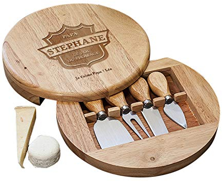CADEAUX.COM - Set Fromage - Plateau Fromage Personnalisable en Bois + 4 Accessoires de Service - 24 cm - Roi du Fromage - Idée Cadeau Personnalisé avec Prénom et Message - Fête des Pères