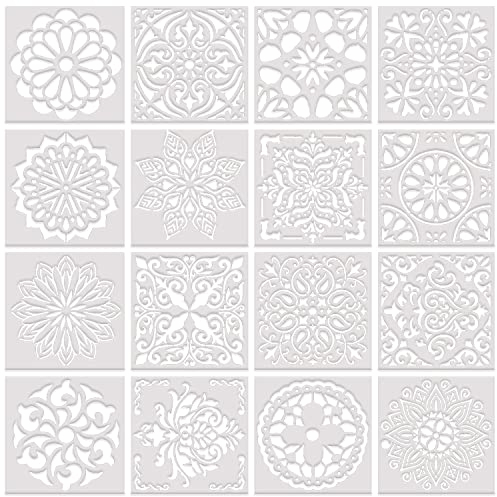 YXHZVON 16 Stück Mandala Schablone, Wiederverwendbare Mandala Dotting Zeichenschablonen Malvorlage Basteln Fliesen Vintage Schablonen für DIY Wände Kunst Malschablonen (15 x 15 cm)