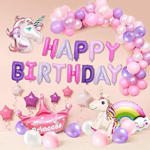 KAHEIGN 62Pcs Einhorn Party Dekoration für Mädchen, HAPPY BIRTHDAY Ballon Banner 3D-Einhorn Ballon, Krone und Latex Party Ballons für Kleinkinder Mädchen Lady Birthday Party