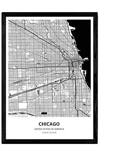 Nacnic Poster mit Karte von Chicago - USA. Blätter von US-Städte mit Meeren und Flüssen in schwarz und weiß. A3
