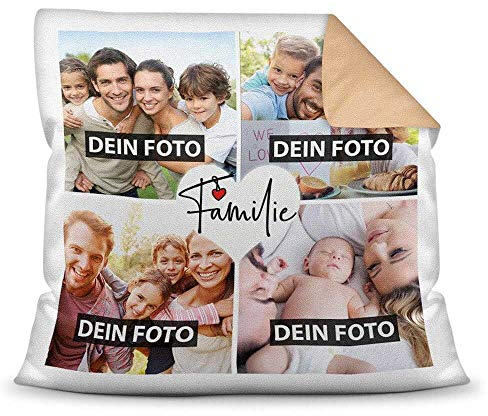PR Print Royal Kissen mit Füllung - Fotocollage selbst gestalten mit Spruch - Familie - mit Vier eigenen Fotos - Geschenkidee Fotokissen - Farbkissen Rückseite Beige