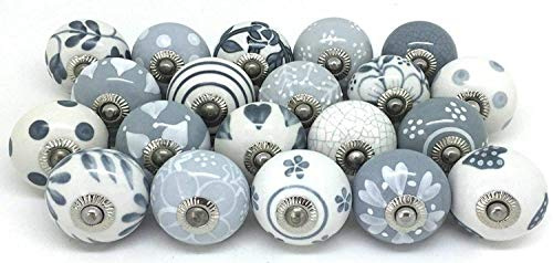 Ajuny Lot De 10 Fait À La Main Gris Et Blanc Bouton De Meuble En Céramique | Peints À La Main Brillant Poignée Pour Armoires De Cuisine, Tiroirs, Portes De Placard, Chambre, Salle De Bain–Vintage Estilo