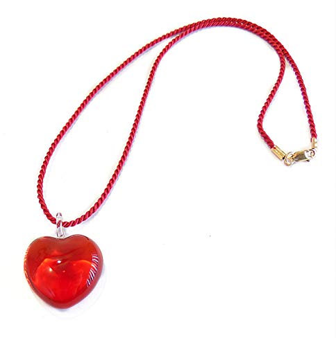 VENEZIA CLASSICA - Collier pour femme avec pendentif cœur en verre de Murano original, cordon en viscose et argent, fabriqué en Italie certifié, Verre, Argent