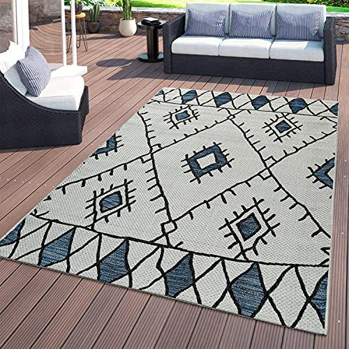 TT Home Flachgewebter In- & Outdoor Teppich Ethno Abstraktes Geometrisches Design Blau, Größe:200x280 cm