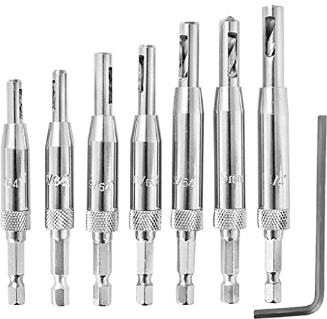 Scharnierbohrer Set,8 Stk,Selbstzentrierende Bohrer Set,Zentrierbohrer,Scharnierbohrer,Positioniert Pilot Loch Holz,für Scharniere Schubladenführungen 7 Größen mit 1 Sechseckig Schraubenschlüssel
