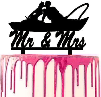 CARISPIBET Wedding Cake Topper Groom and Bride Kiss Fishing boat Marriage Cake Theme Party Mr. & Mrs.