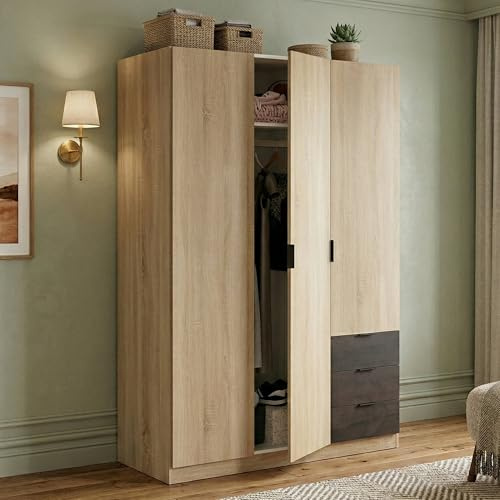 Dmora - Garderobe Allentown, Schlafzimmerschrank mit 3 Türen und 3 Schubladen, Schrank mit Kleiderstange und 3 Einlegeböden, cm 121x52h180, Eiche und Oxid